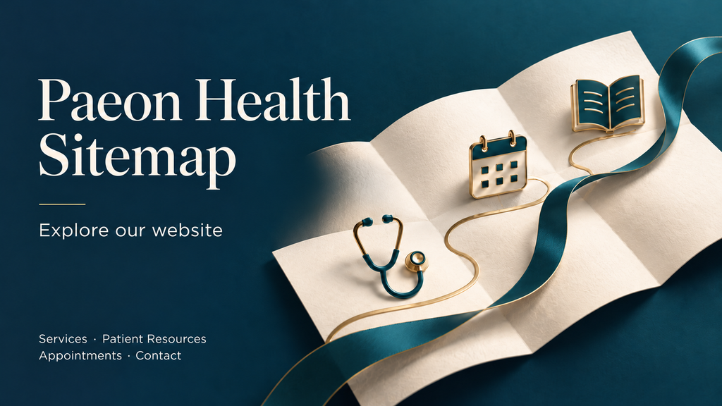 Paeon Health sitemap: explore services, patient resources, appointments, and contact information.